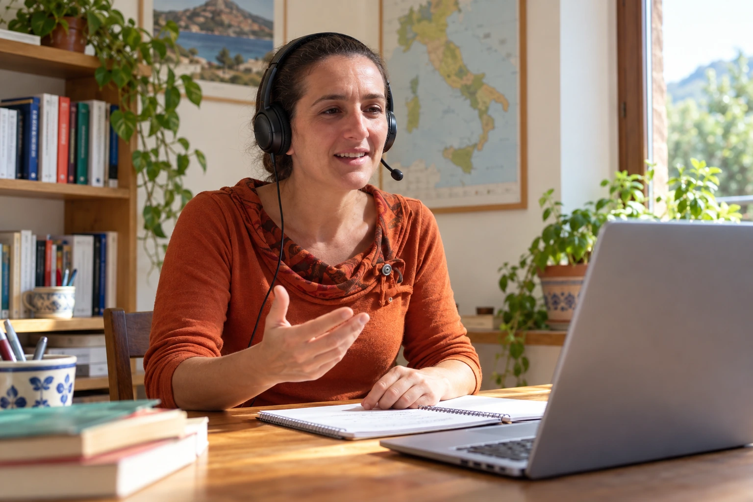 Debora con auriculares frente a su portátil para una clase de italiano en línea